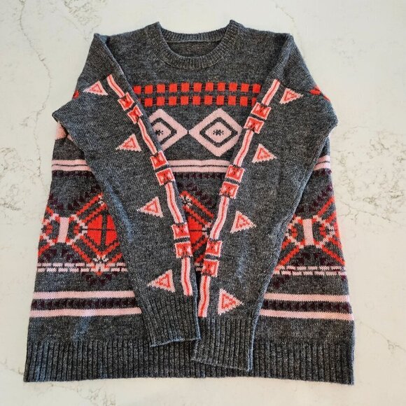 J. Crew Size Medium Abstract Fair Isle Gray Red Pink Wool Mohair Blend Sweater - Picture 6 of 11